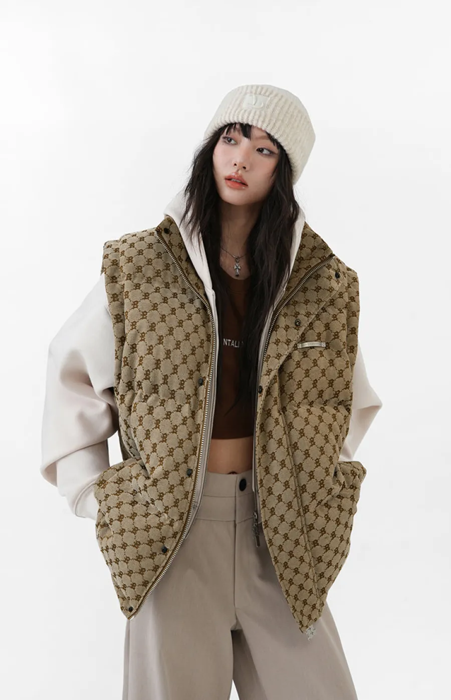 Hot Monogram Print Puffer Vest Jackets