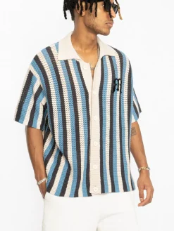 Discount Striped Crochet Collar Shirt Shirts