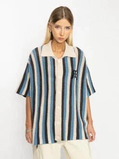 Discount Striped Crochet Collar Shirt Shirts