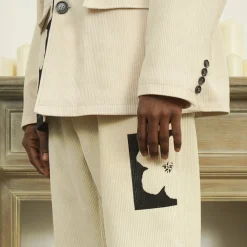 Discount Two-Tone Flower Corduroy Trousers Pants