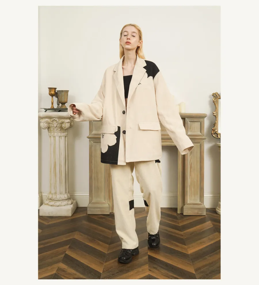 Outlet Two-Tone Flower Corduroy Blazer Jackets