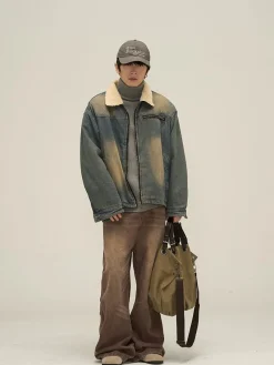 Discount Faux Fur-Lined Faded Denim Jacket Jackets