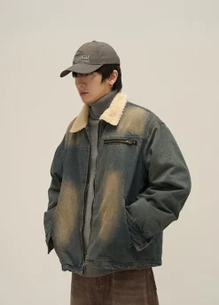 Discount Faux Fur-Lined Faded Denim Jacket Jackets
