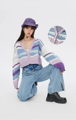 Online Retro-Colored Contrast Striped Cardigan Sweaters