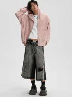 Outlet Ripped Grunge Capri Cut Denim Shorts Shorts
