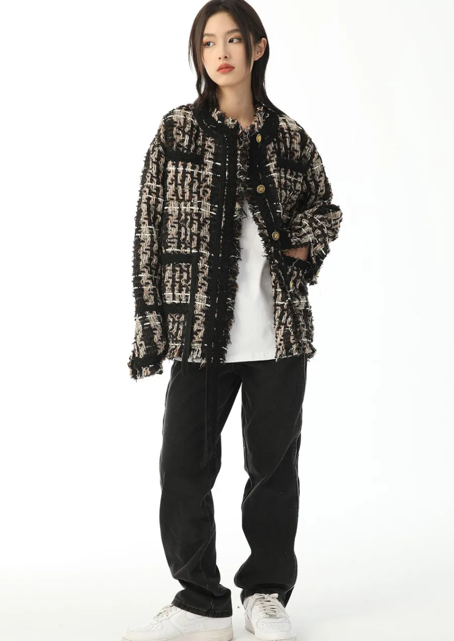 Outlet Retro Tweed Plaid Jacket Jackets