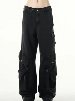 Fashion MADWITCH Kuro Denim Strap Cargo Pants Pants