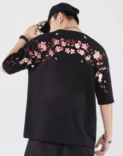 Fashion Sakura Flowers Embroidered Tee T-Shirts