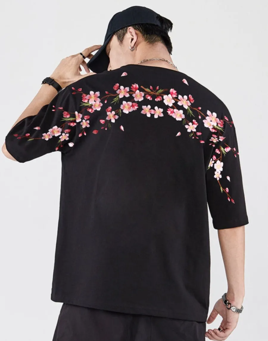 Fashion Sakura Flowers Embroidered Tee T-Shirts